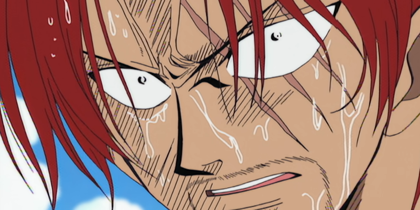 Shanks looks at the sea beast that attacked Monkey D. Luffy in the One Piece anime.