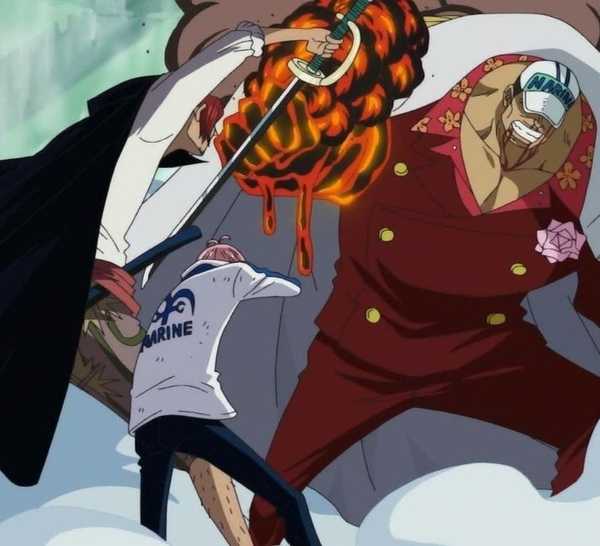Shanks saves the young Marine, Coby, from being demolished by Admiral Akainu during One Piece's Summit War.