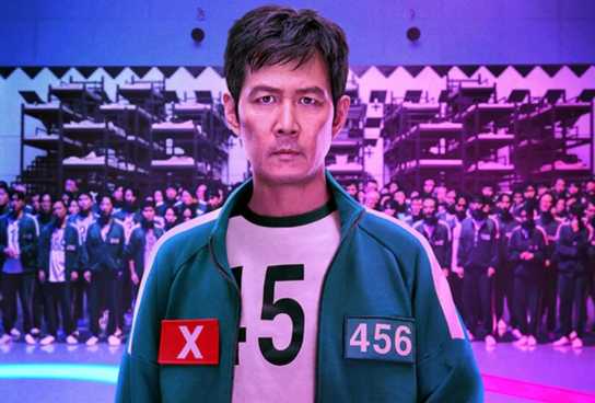 Seong Gi-hun (Lee Jung-jae) stares defiantly with all the Squid Game players behind him.