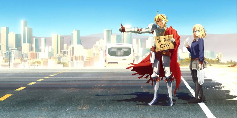 Official artwork for Fate/strange fake anime with Saber and Ayaka hitch-hiking