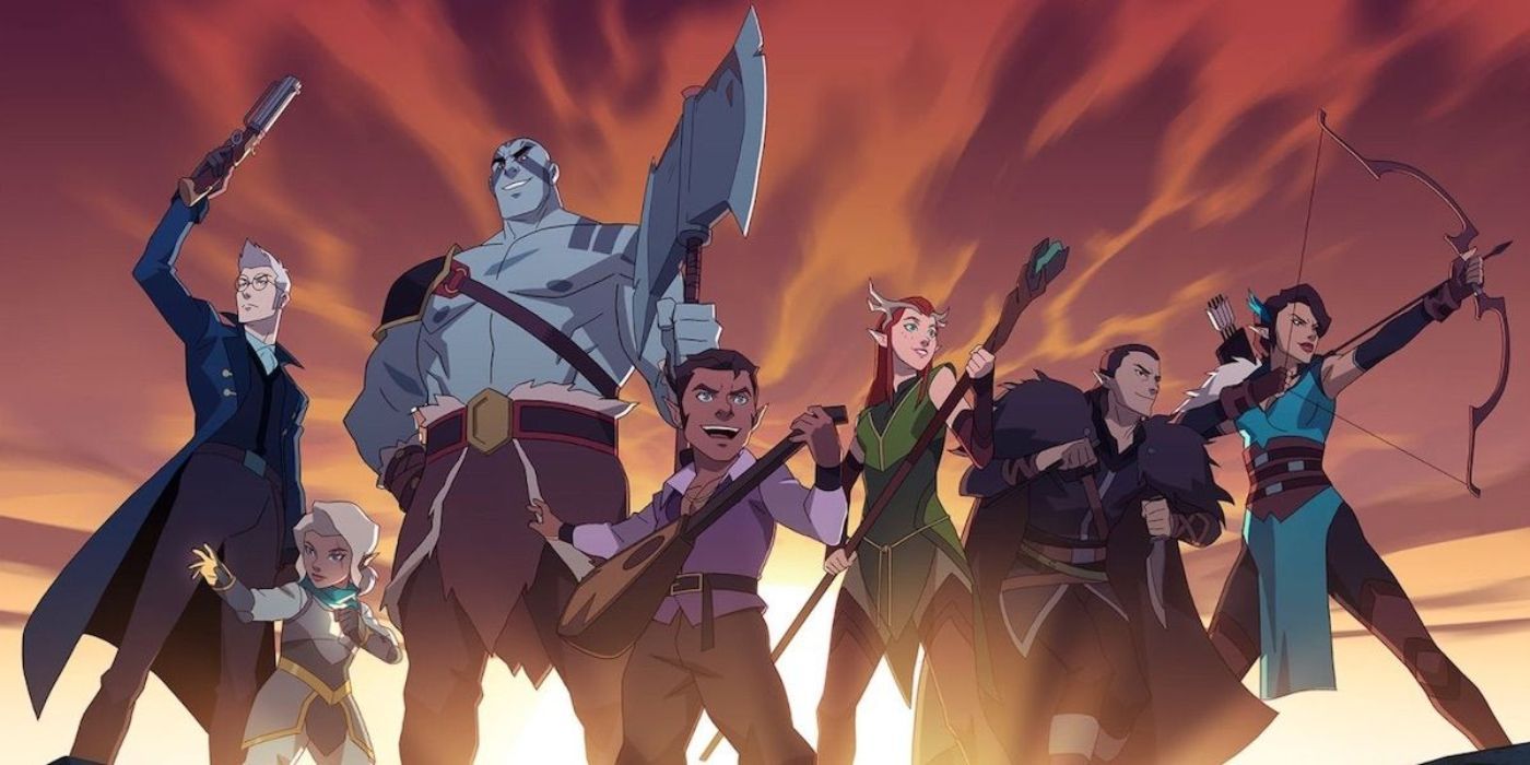 Os membros da Vox Machina, alguns dos quais incluem Scanlan Shorthalt, Keyleth e Kevdak, se preparam para lutar no papel crítico: a lenda da abertura do Vox Machina.