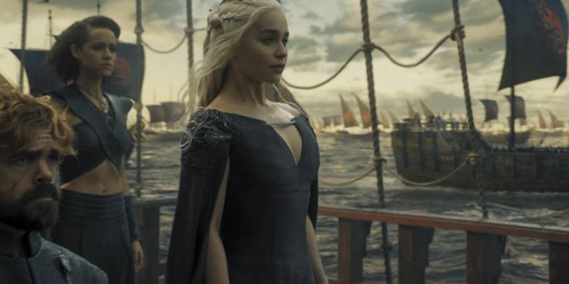 Daenerys Targaryen sails with Tyrion and Missandei in Game of Thrones