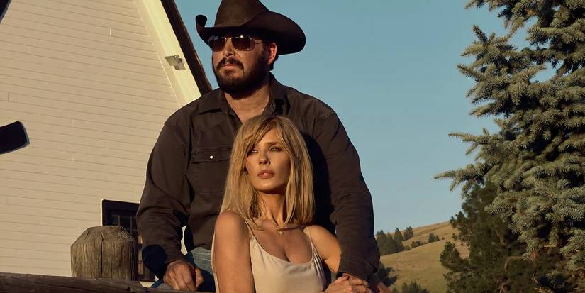 Rip and Beth take in a sunset on the Dutton Ranch in Yellowstone.