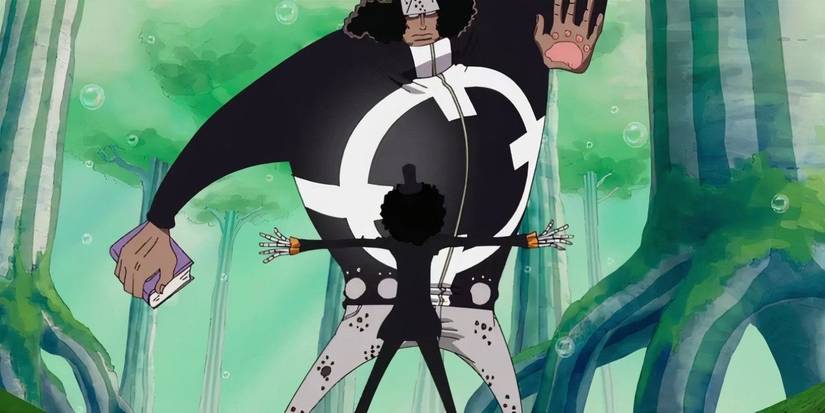 Brook tries to protect Usopp and Zoro from Kuma during One Piece's Sabaody Archipelago Arc.