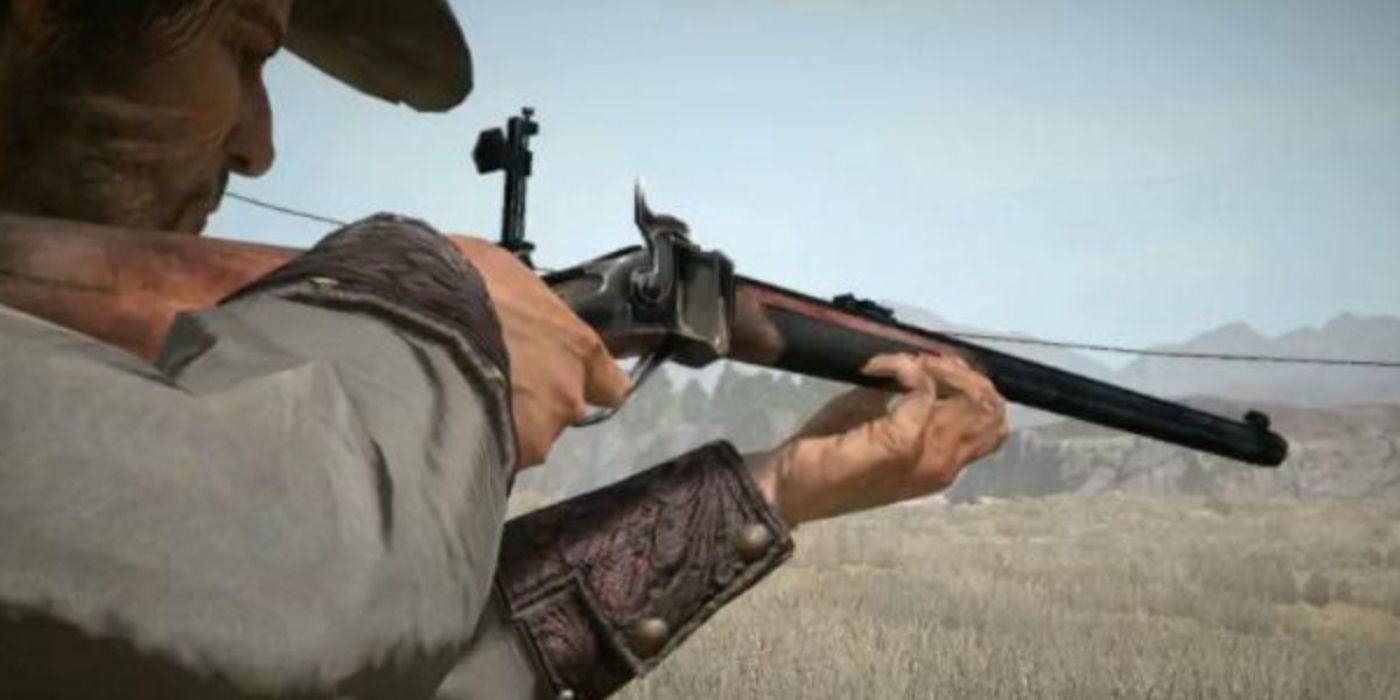 Close de John Marston mirando o rifle Buffalo em Red Dead Redemption