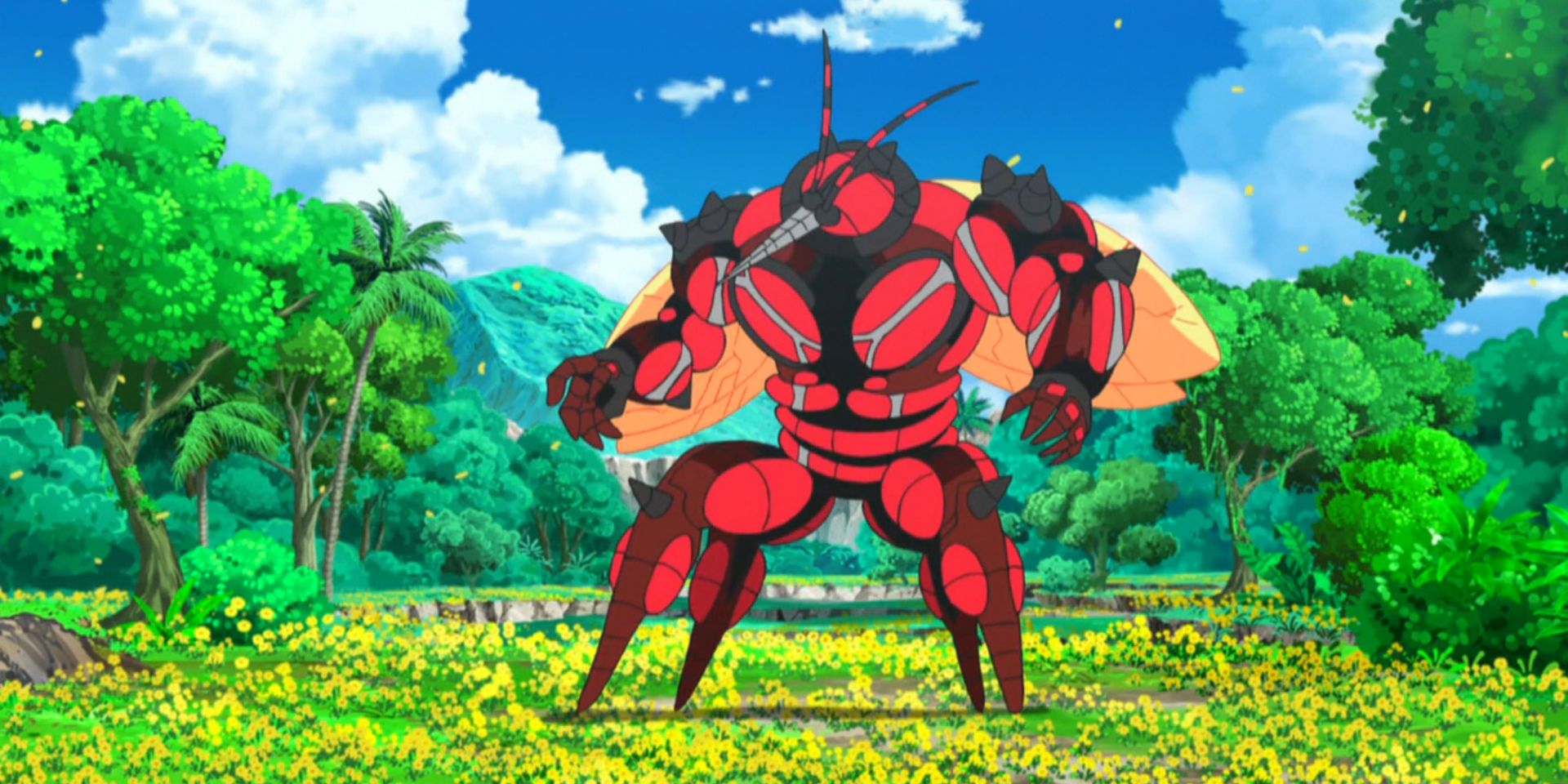 Pokemon animesinde çiçek tarlasında duran Buzzwole