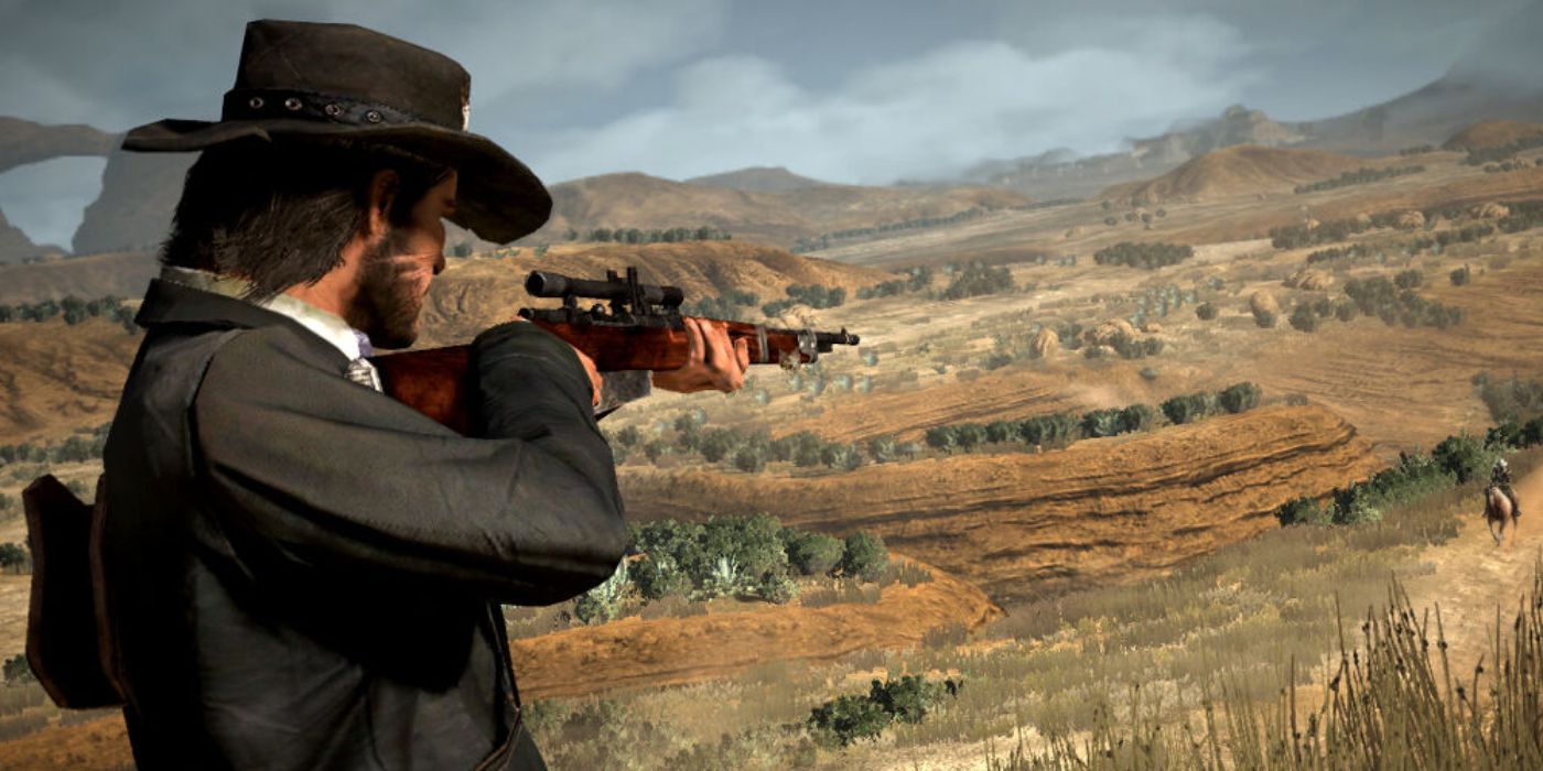 John Marston mirando com o rifle Carcano em Red Dead Redemption