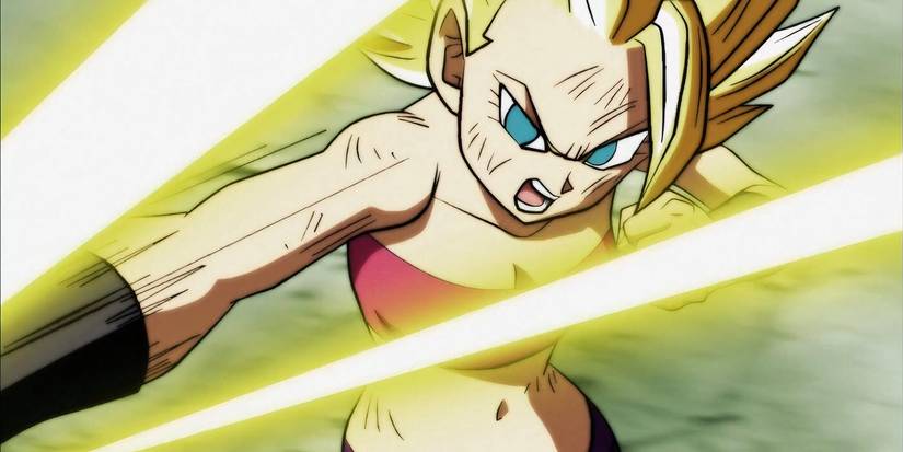 Caulifla and Goku fighting in Dragon Ball Super.