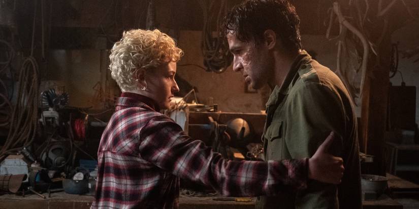 Julia Garner as Charlotte and Christopher Abbott as Blake in Wolf Man.