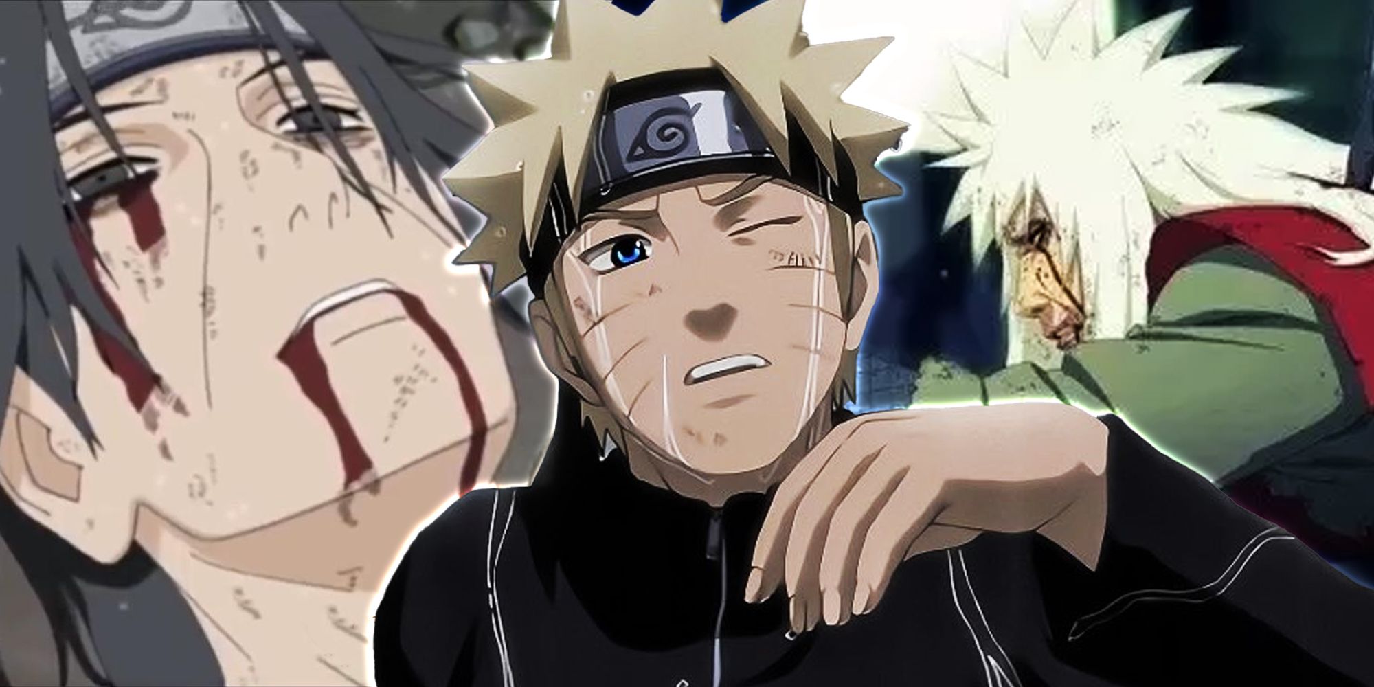 An image of Naruto Uzumaki crying in the rain is superimposed in front of images of Itachi Uchiha and Jiraiya as they die.