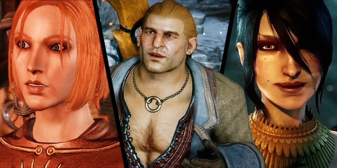 Images of Morrigan, Varric, and Leliana from the Dragon Age series
