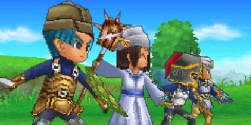 The Dragon Quest 9 party poised for combat.