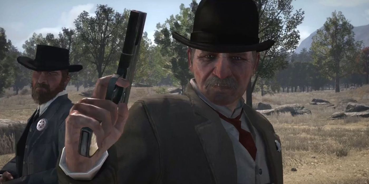 Edgar Ross segurando uma pistola de alta potência em Red Dead Redemption