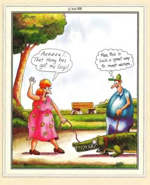 Far Side comic about a man walking a crocodile to meet women