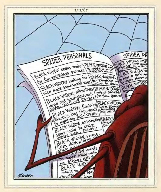 Far Side comic with a spider reading the personals