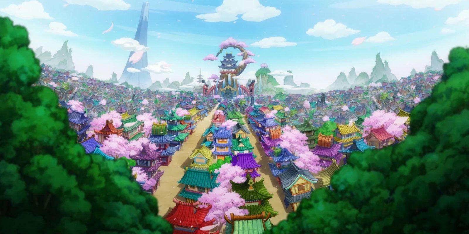An aerial view of the Flower Capital in Wano during the Beast Pirates' occupation during One Piece's Wano Arc.