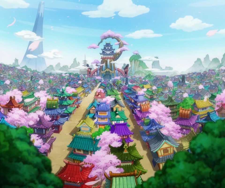 An aerial view of the Flower Capital in Wano during the Beast Pirates' occupation during One Piece's Wano Arc.