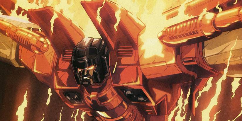 Transformers: A close-up of Sunstorm surrounded by fire.