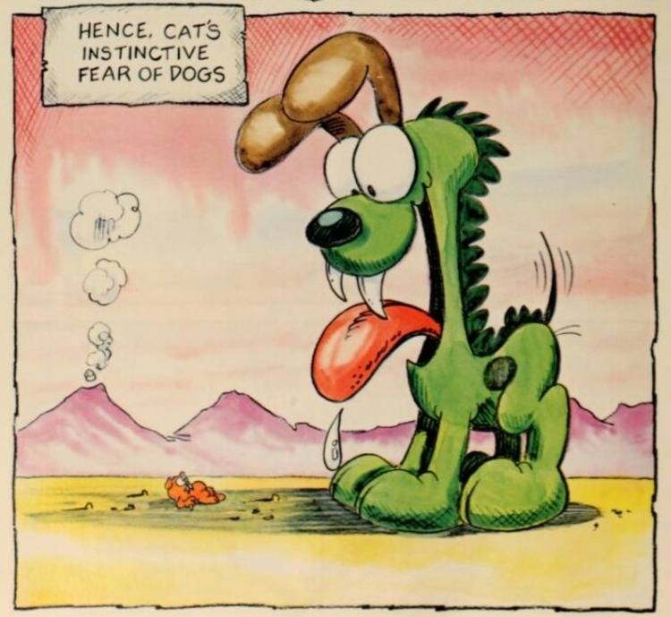 A tiny, prehistoric Garfield looks up at a large, dinosaur version of Odie.