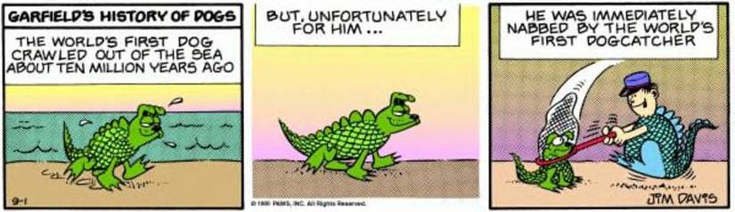 A pre-historic dog is caught by a strange looking dog catcher.