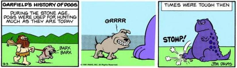 A dog is squished by a dinosaur.