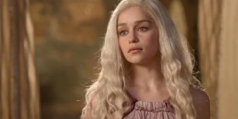 Daenerys looks on with a somber expression in Game of Thrones season 1.