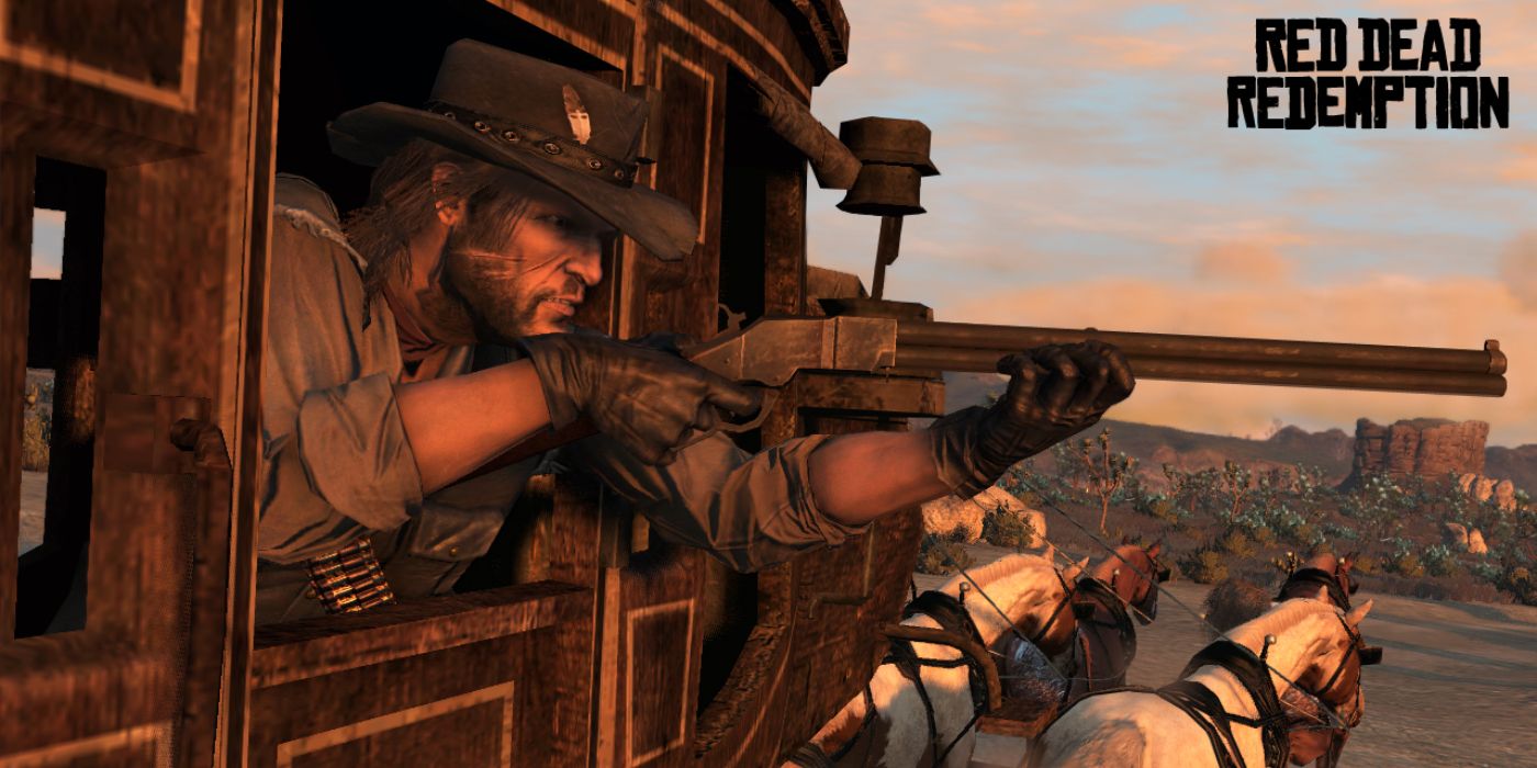 John Marston mirando seu Henry Repeater em uma carroça em Red Dead Redemption