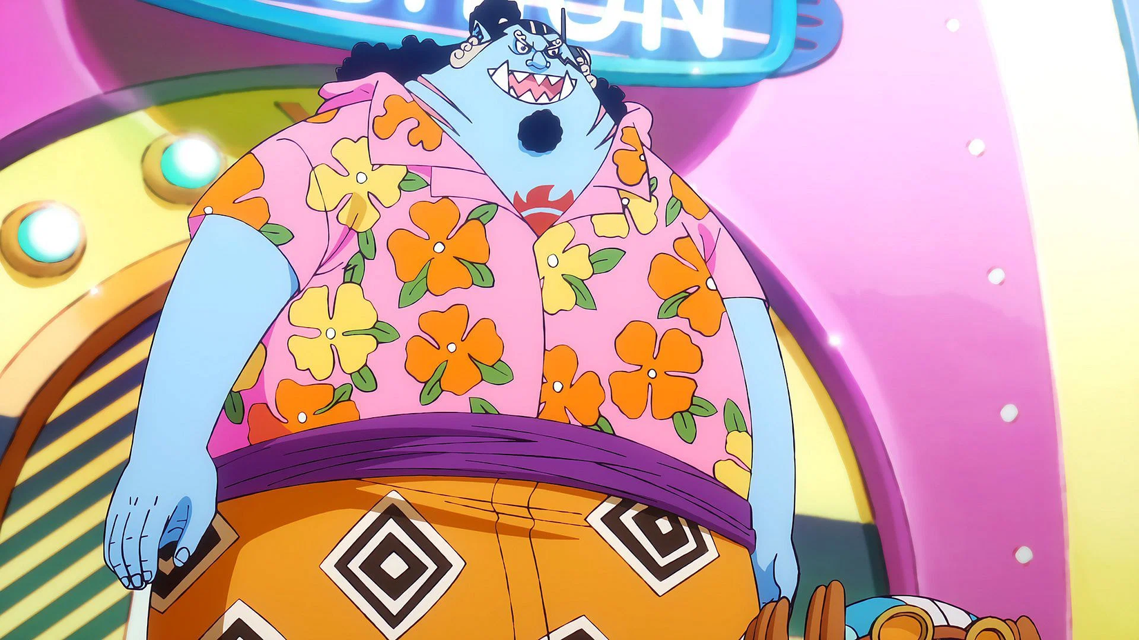 Jinbe porte sa tenue de l'île aux têtes d'oeuf dans la série animée One Piece