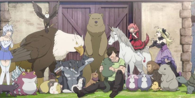Genzou, Shigure, Carmilla, and Hanako from Kemono Michi surrounded by animals