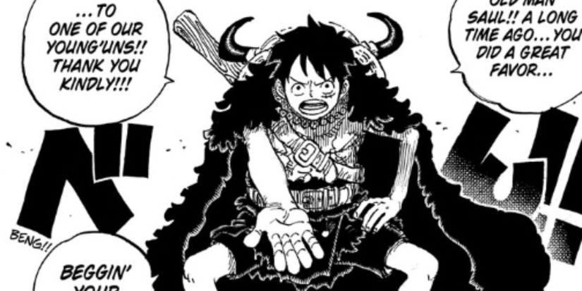 Luffy parle dans sa tenue Elbaph dans le manga One Piece.