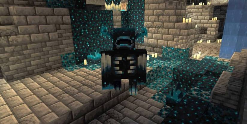 A Warden in Minecraft approaching the player.