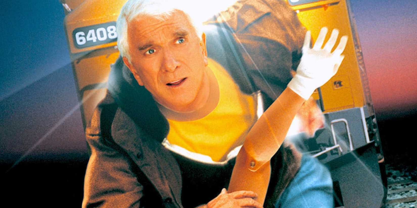 Ryan Harrison (Leslie Nielsen) flees a train on the cover of Wrongfully Accused.