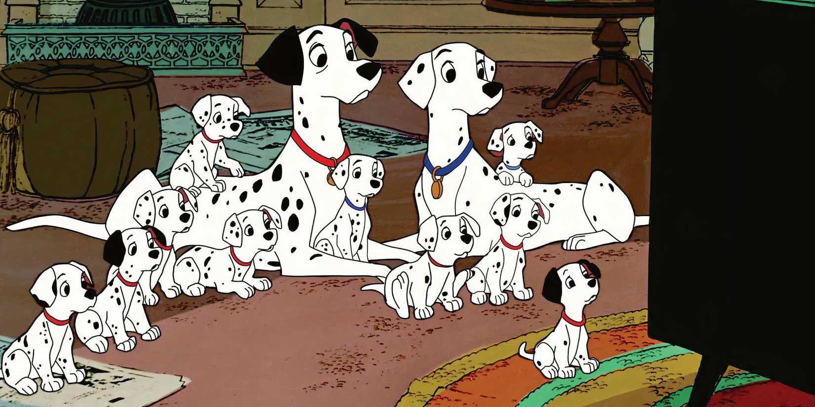 The Dalmatians stare at a TV screen in 101 Dalmatians.