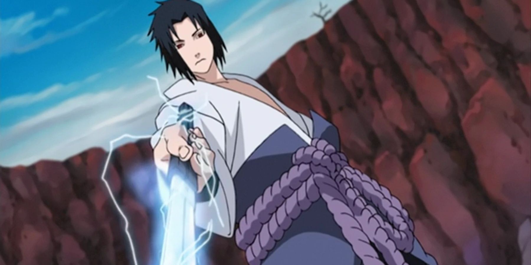 Sasuke Uchiha usa Liberação de Raio em sua espada e aponta para Naruto em Naruto Shippuden.