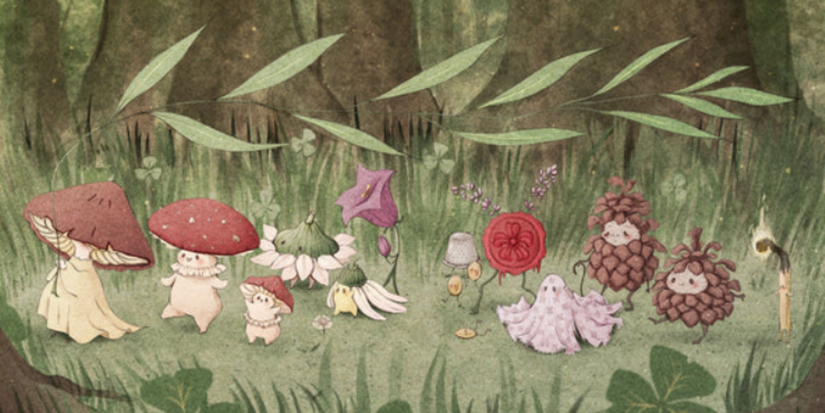 Mushrooms, pine cones and other small vegetation are walking together through a forest in Wanderhome.