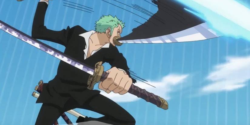 Roronoa Zoro is using his 1080 Pound Phoenix technique against Pica in One Piece's Dressrossa Arc.