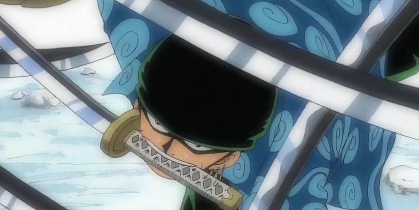 Roronoa Zoro is using Blade Wolf Stream against Hactchan during One Piece's Arlong Park arc.