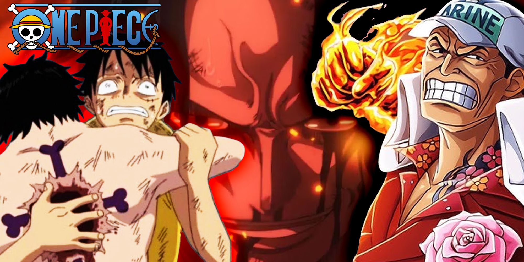 One Piece collage with Ace and Luffy, Admiral Aikanu and Ace in the center