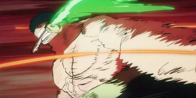 Zoro utilise le Serpent à Trois Épées 103 Mercies Dragon Damnation contre le Roi la Conflagration dans l'Arc Wano de One Piece