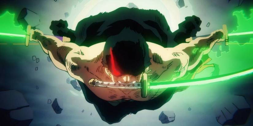 Roronoa Zoro utilise le Serpent à Trois Épées : 103 Mercies Dragon Damnation contre le Roi la Conflagration dans One Piece
