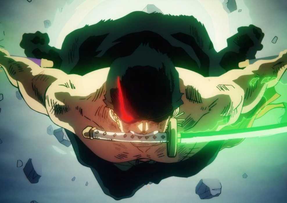 Roronoa Zoro uses Three-Sword Serpent: 103 Mercies Dragon Damnation against King the Conflagration in One Piece