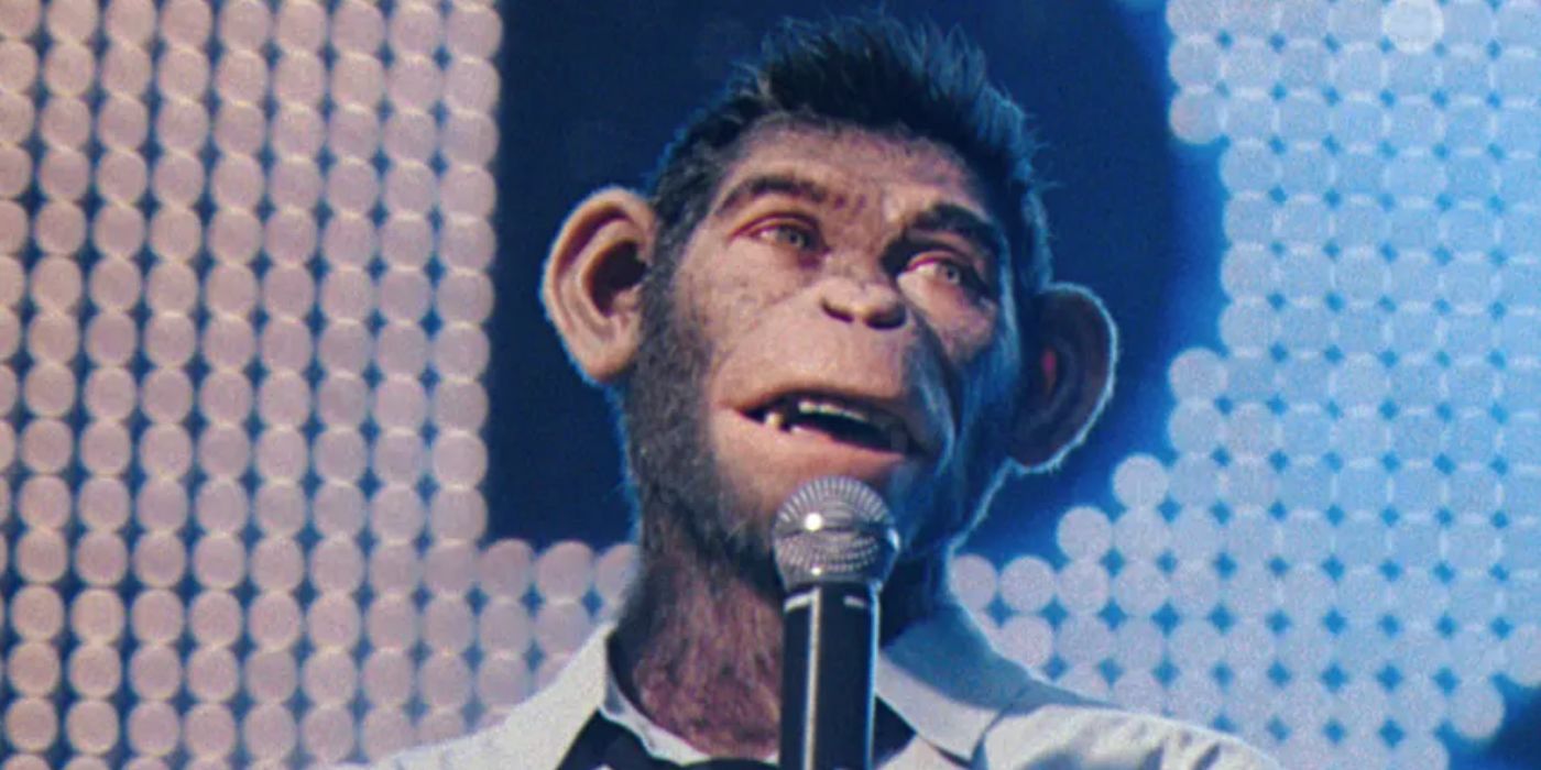 Robbie Williams as a chimpanzee at the height of his success in Better Man