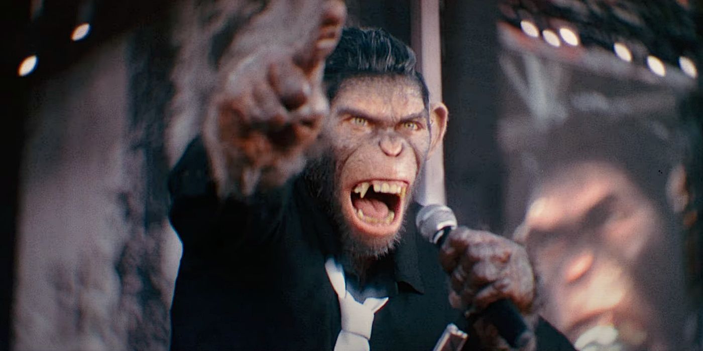 Robbie Williams rouses the audience as a CG chimp in Better Man