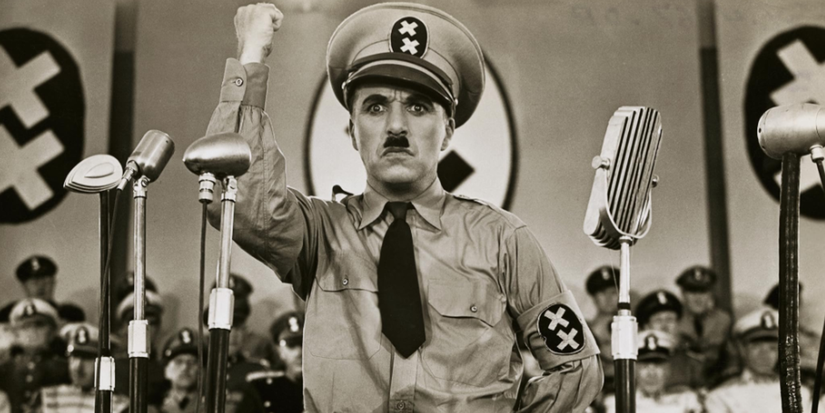 Chaplin portrays Hitler in a dark comedy about fascism called The Great Dictator.