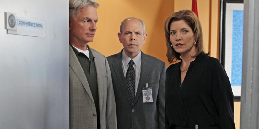 Gibbs, Fornell, and Sterling stand in a doorway looking bemused in NCIS.