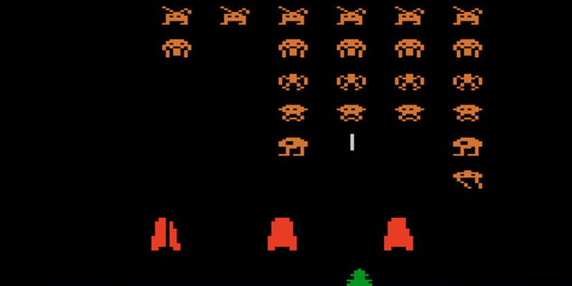A lone laser cannon defends Earth against aliens in Space Invaders.