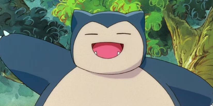 Snorlax smiling and waving in the Pokemon anime.