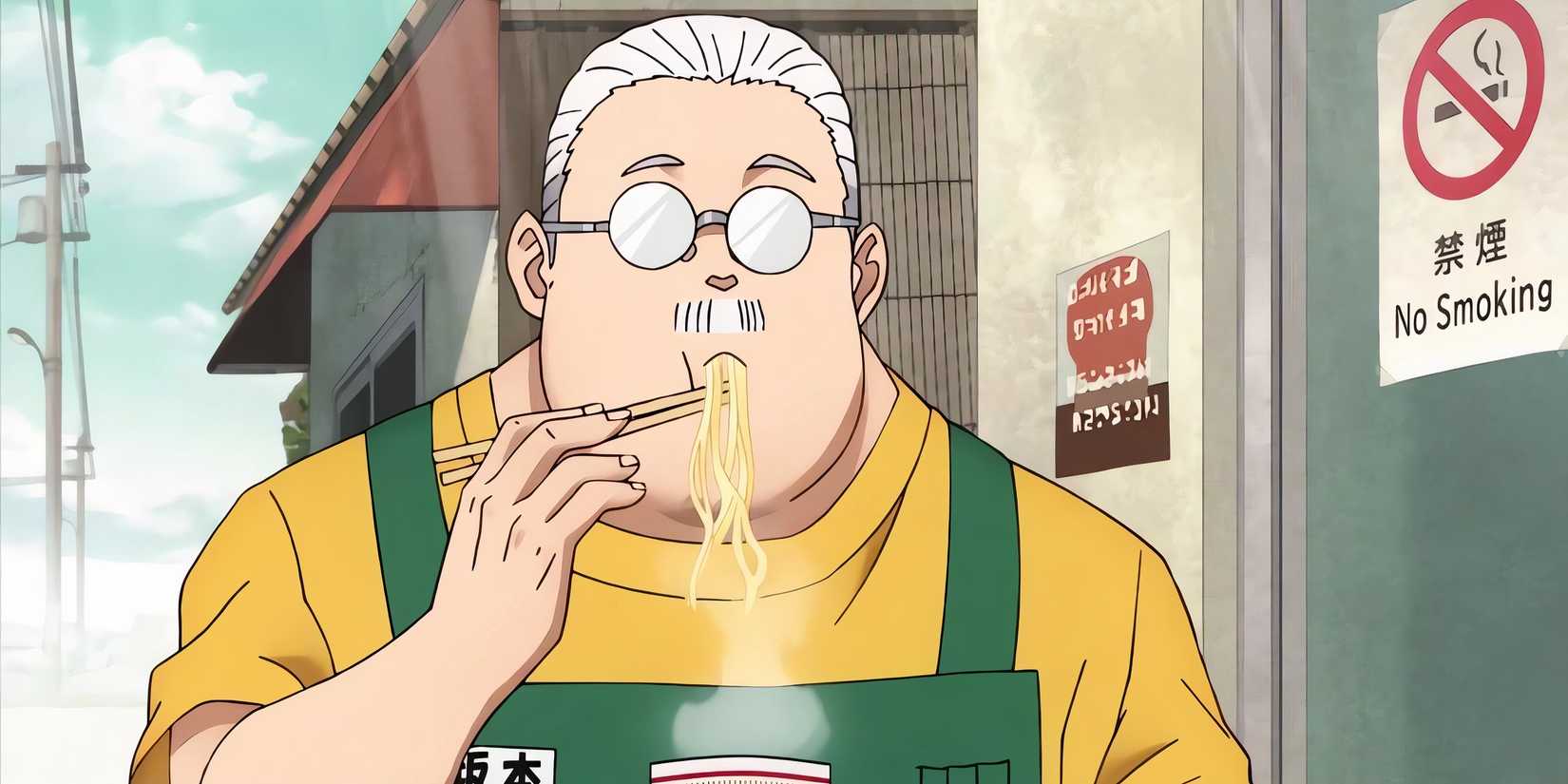 Taro Sakamoto eats ramen at Sakamoto Days Episode 1