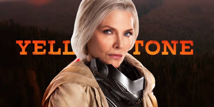Michelle Pfeiffer in front of a logo for Yellowstone.