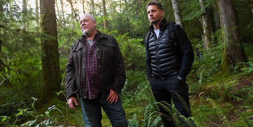 Keaton and Colter standing together in the forest in Tracker.